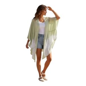 Mustard Seed Women's S Tie-dyed Green And White Oversized Swim Cover‎ Up Kimono